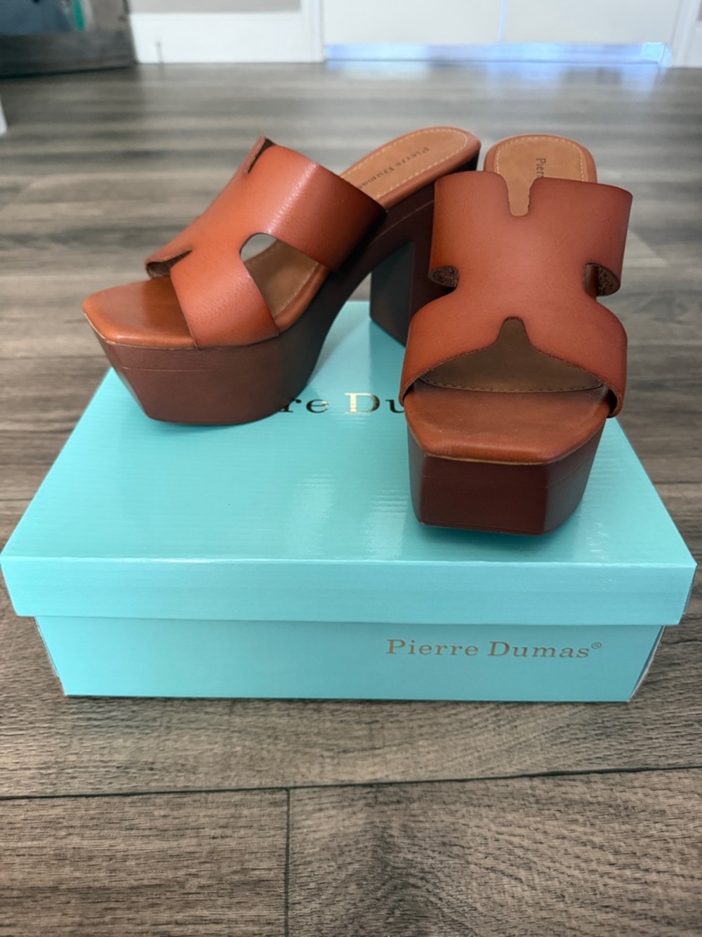 Pierre Dumas Cognac Brown Leather Platform Slide Heels